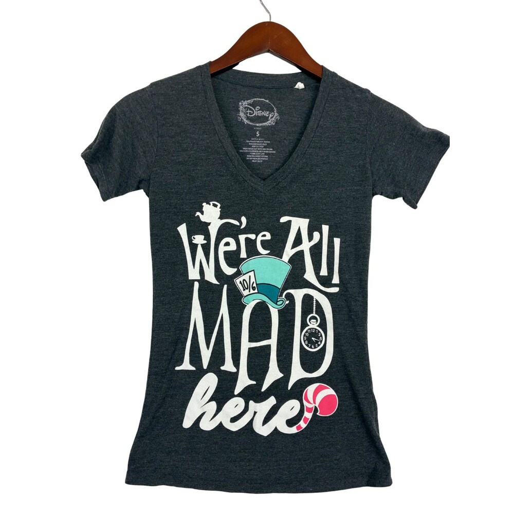 Disney Alice in Wonderland We're All Mad Here T-Shirt Women's S Gray Mad Hatter